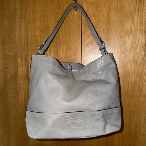 Coach Gray Leatherware Shoulder Bag Bucket Hobo Tattersall Plaid lining Z17197 - Picture 14 of 16